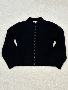 J. Crew Milano Stitch Cinched Waist Cardigan size Medium Black Wool Preppy